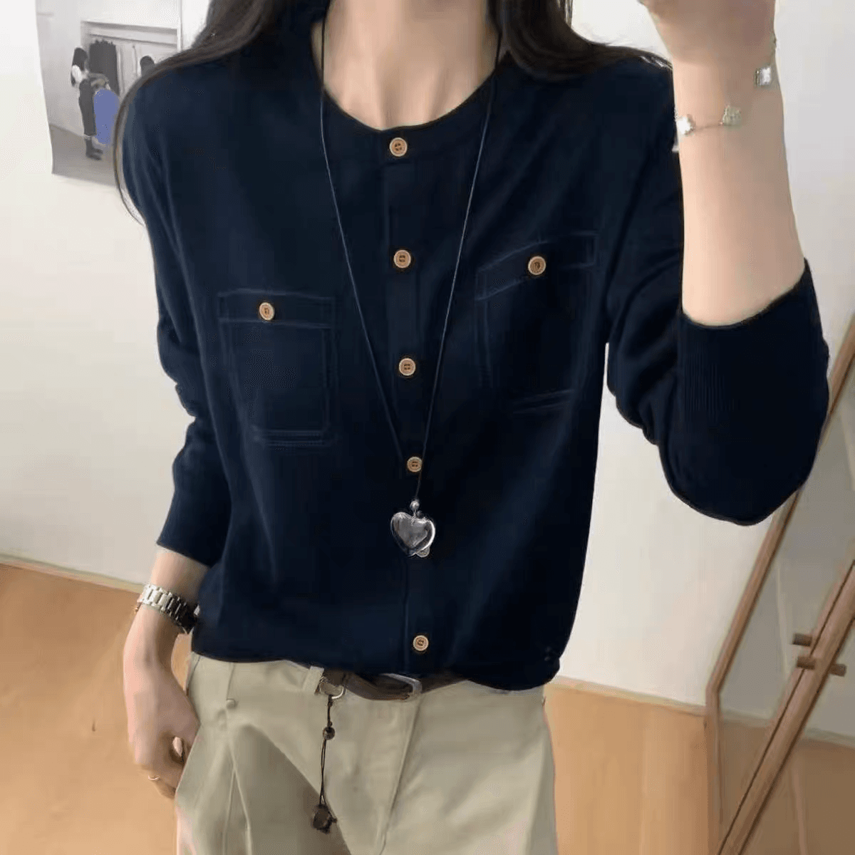 유럽 역 가짜 주머니 디자인 라운드 넥 긴팔 니트 오픈 가디건 여성 유럽 상품 이른 가을 새로운 높은 품질 슬림해 보이는 맨위 상세 이미지 4