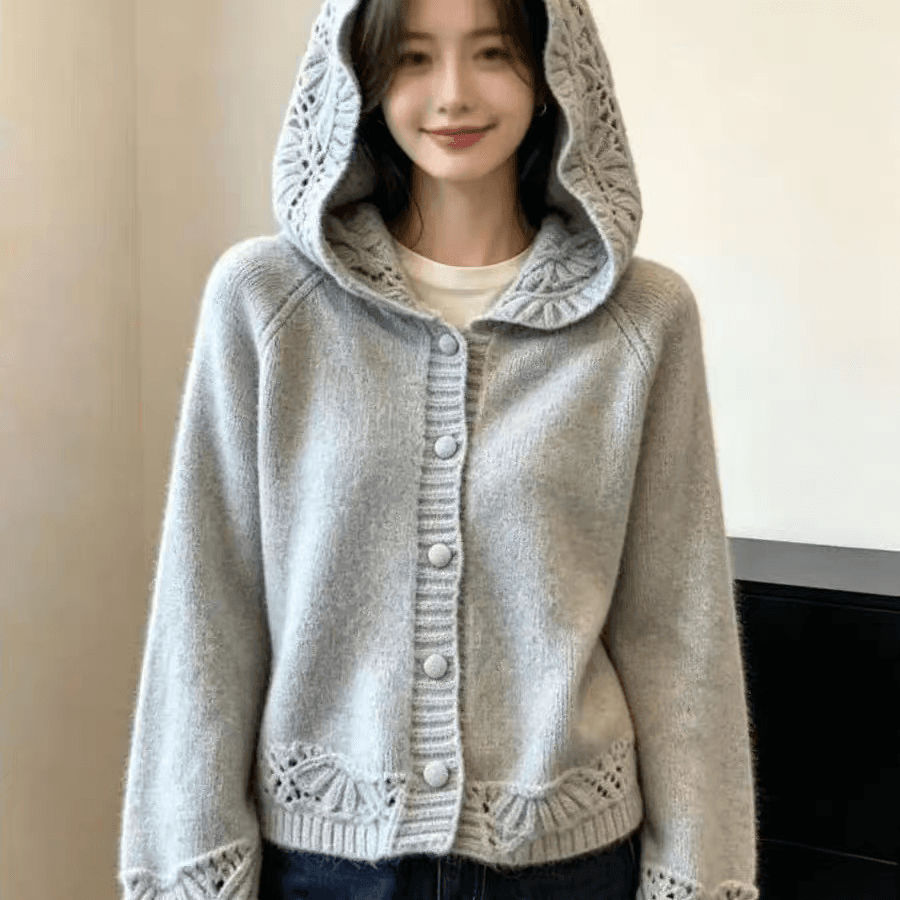 이른 가을 부드러운 바람 홀로우 아웃 조개 레이스 니트 오픈 가디건 여성 후드 쇼트 스타일 부드러운 찹쌀 품격 다용도 스웨터 코트 상세 이미지 3