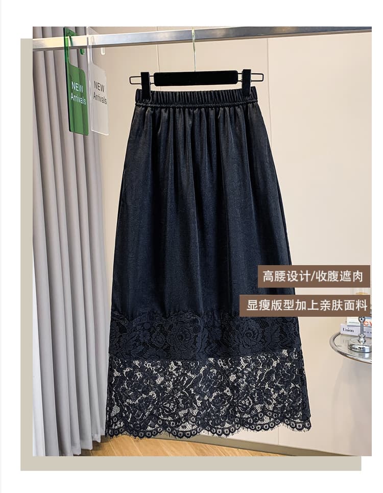 빅 사이즈 검정색 허리밴드 아세트산 새틴 반신 스커트 여자 중간 롱 스커트 밑단 패치워크 레이스 품격 여름 상세 이미지 3