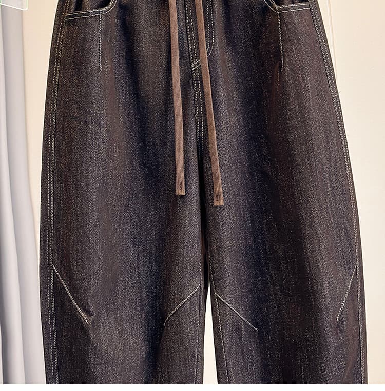 문예 허리밴드 펌프 로프 할란 신축성 청바지 여성 가을 새로운 외국 가스 빅 사이즈 루즈핏 무 아빠 바지 상세 이미지 17