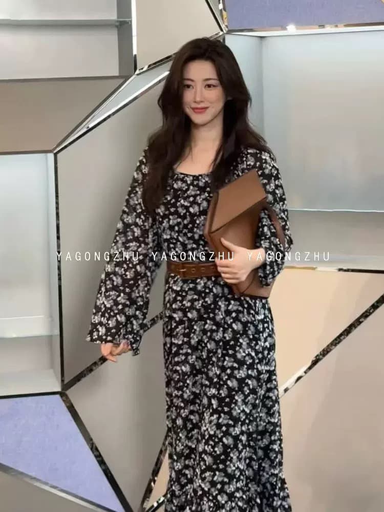 Zhu 구슬 같은 단락 프랑스식 레트로 프린트 쉬폰 여성 드레스 여름 휴가 바람 슬림해 보이는 품격 꽃무늬 길다 치마 상세 이미지 2