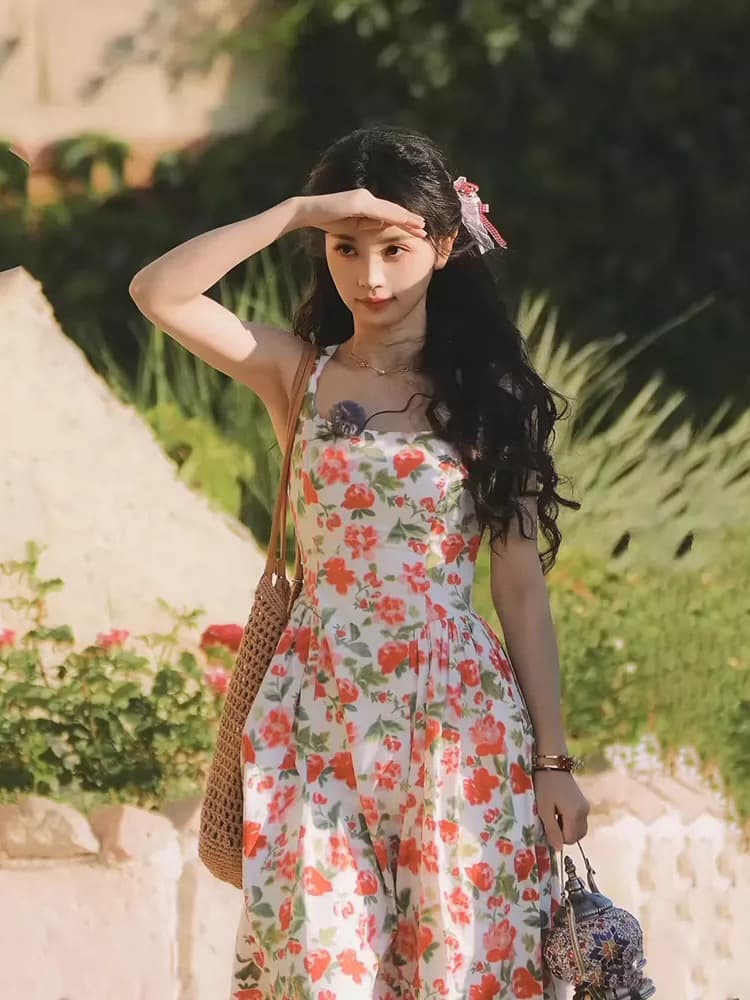 필드 크 사이 웨이 같은 단락 프랑스식 장미 꽃무늬 슬립 여성 드레스 여름 새로운 몸매 가꾸기 슬림해 보이는 휴가 바람 롱 스커트 이미지 3
