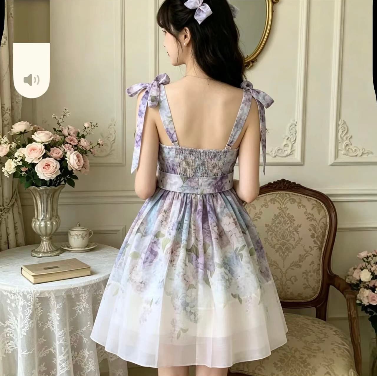 프랑스식 레트로 봄 아모이 휴가 바람 레이스업 슬립 도루 Pleat 디자인 미니 슬립 드레스 퍼프 우산 치마 짧은 상세 이미지 4