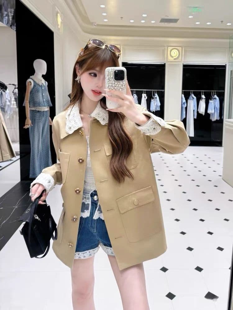 yoyouna 카키 바람 2026 이른 가을 새로운 레이스 자수 싱글 줄 버튼 카키 색 바람막이 정장 이미지 2