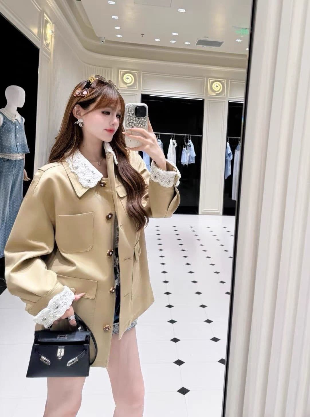 yoyouna 카키 바람 2026 이른 가을 새로운 레이스 자수 싱글 줄 버튼 카키 색 바람막이 정장 상세 이미지 2