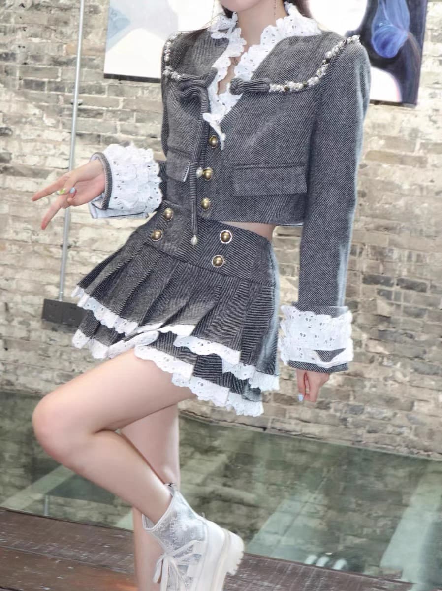 2026 레이스 측면 단추 회색 재킷 작은 샤넬 스타일 오픈 가디건 반신 스커트 플리츠 스커트 여성 상세 이미지 17