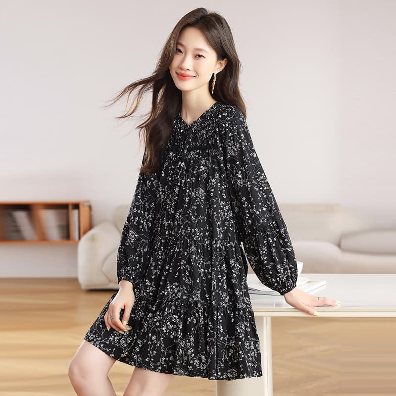 실사 빅 사이즈 여성 의류 소금 달콤한 부서 착용 가져 가라. 패션 가을 의상 치마 긴팔 쉬폰 슬림해 보이는 꽃무늬 드레스 가을 이미지 4