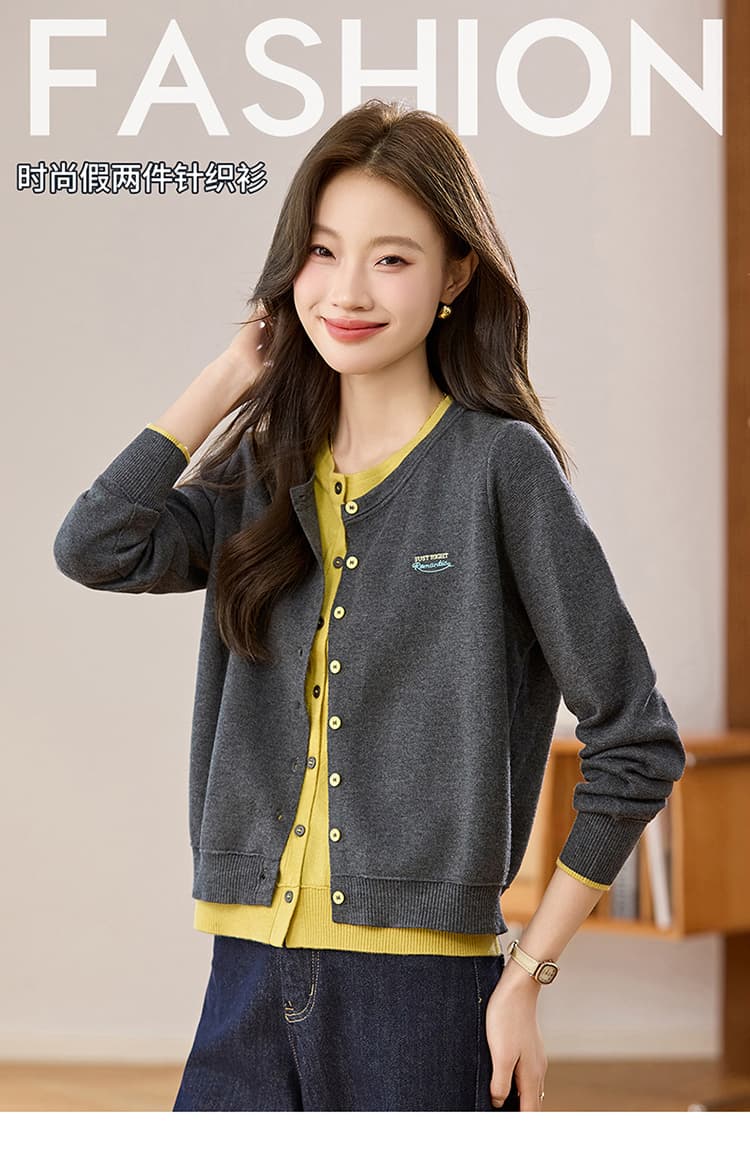 실사 페이크 레이어드 패치워크 색상 자수 라운드 넥 니트 오픈 가디건 여성 2026 새로운 가을 외부 가져 가라. 얇은 스타일 스웨터 코트 상세 이미지 1