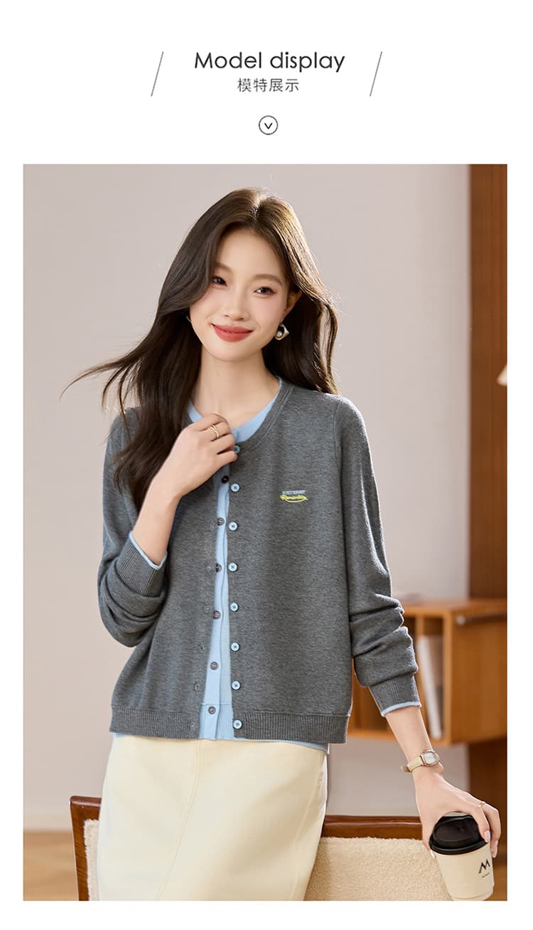 실사 페이크 레이어드 패치워크 색상 자수 라운드 넥 니트 오픈 가디건 여성 2026 새로운 가을 외부 가져 가라. 얇은 스타일 스웨터 코트 상세 이미지 15