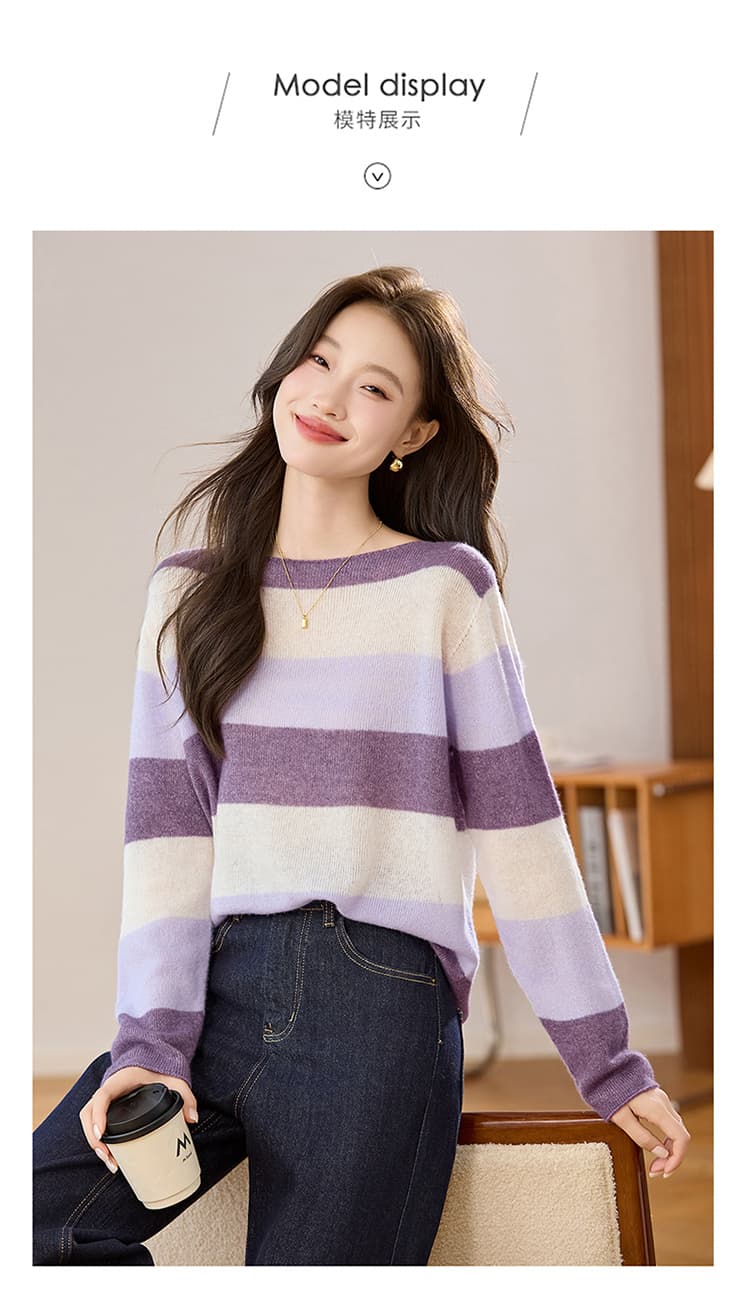실사 배색 스트라이프 보트넥 카디건 여성 2026 가을 겨울 새로운 느긋한 바람 루즈핏 외출용 예쁜 스웨터 상세 이미지 17