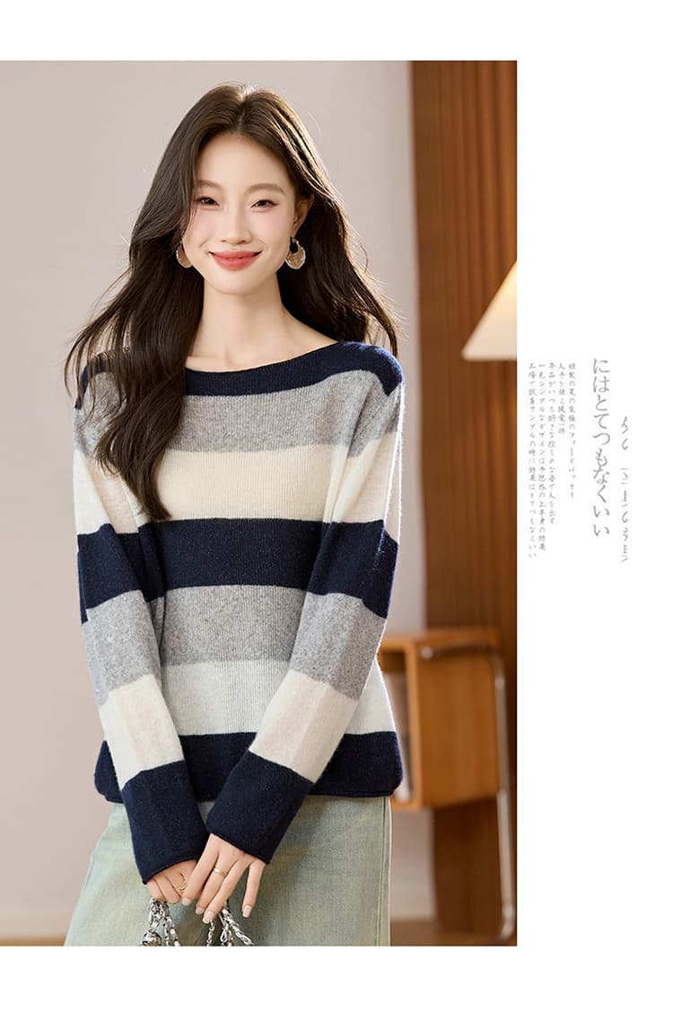 실사 배색 스트라이프 보트넥 카디건 여성 2026 가을 겨울 새로운 느긋한 바람 루즈핏 외출용 예쁜 스웨터 상세 이미지 28