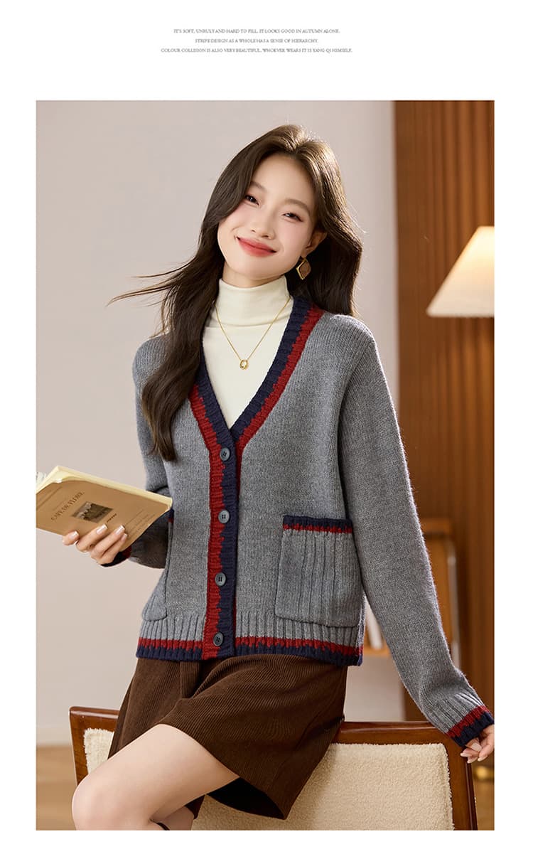 실사 학원 스타일 연령 감소 패치워크 색상 V넥 니트 오픈 가디건 여성 가을 새로운 쇼트 스타일 외부 가져 가라. 부드러운 찹쌀 스웨터 코트 상세 이미지 18