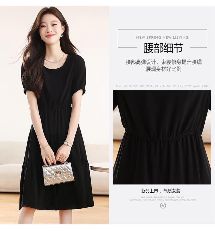 실사 프랑스식 검정색 쉬폰 드레스 여름 새로운 라운드 넥 몸매 가꾸기 품격 슬림해 보이는 한 마디 작은 검은 드레스 아이들 상세 이미지 9