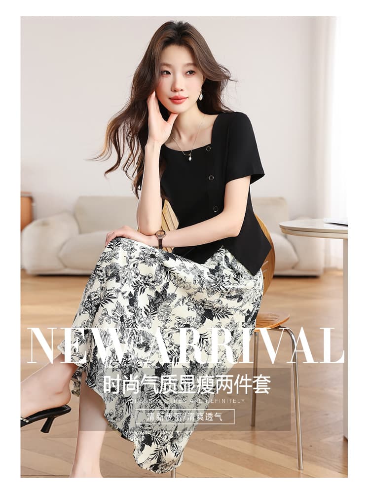 실사 품격 국풍 수묵화 프린트 세트 여성 여름 드레스 새로운 광장 칼라 티셔츠 반신 치마 투피스 세트 상세 이미지 3