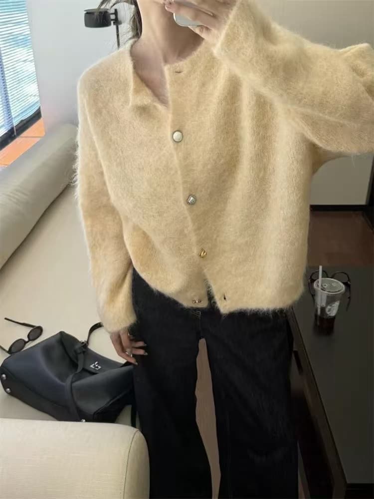 톰 글 래 원인 파란색 모헤어 니트 오픈 가디건 여성 가을 겨울 느긋한 바람 부드러운 찹쌀 밝은 색상 디스플레이 흰 머리카락 외투 맨위 상세 이미지 3