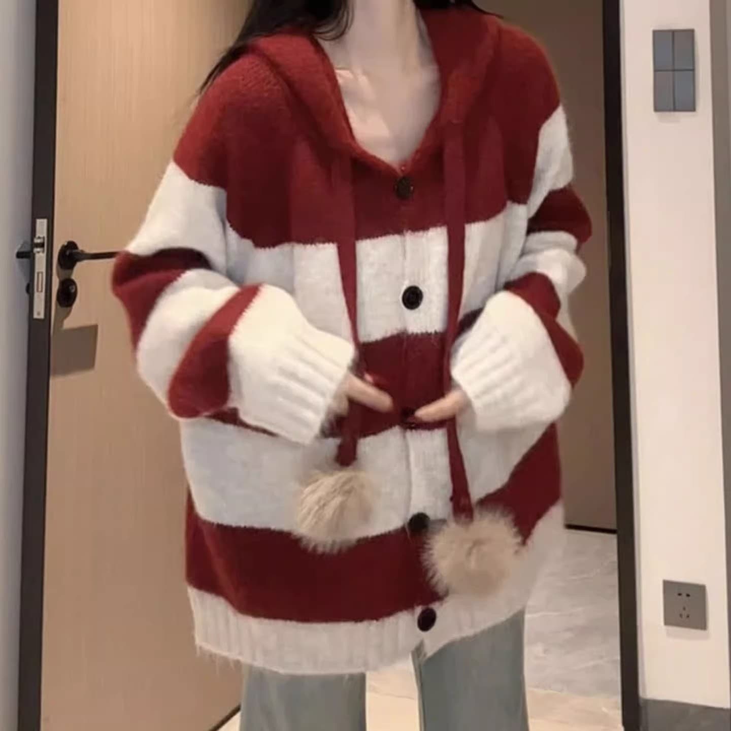 한 부서 학원 스타일 배색 스트라이프 후드 스웨터 여자 가을 겨울 느긋한 바람 고급 센스 루즈핏 니트 카디건 코트 이미지 4