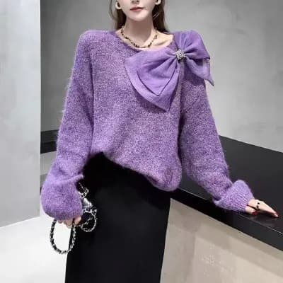 느긋한 바람 보라색 나비 매듭 니트 스웨터 여성 가을 겨울 부드러운 찹쌀 루즈핏 슬림해 보이는 고급 센스 스웨터 보트넥 맨위