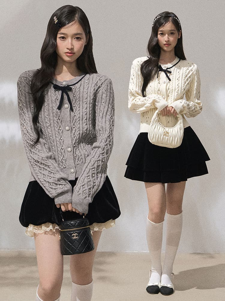 작은 샤넬 스타일 핫픽스 긴팔 니트 오픈 가디건 여성 가을 천 골드 순수한 욕망 품격 몸매 가꾸기 쇼트 스타일 스웨터 코트 맨위 상세 이미지 1