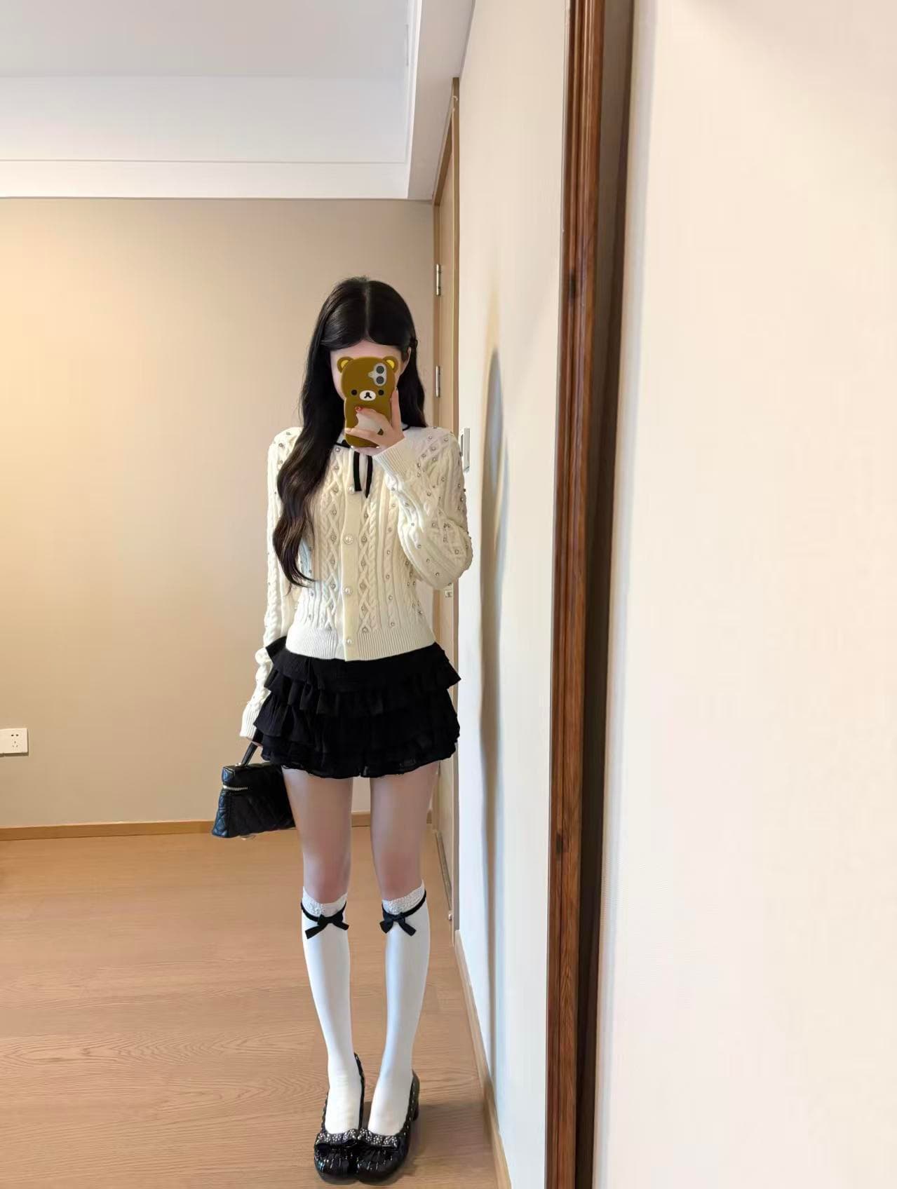 작은 샤넬 스타일 핫픽스 긴팔 니트 오픈 가디건 여성 가을 천 골드 순수한 욕망 품격 몸매 가꾸기 쇼트 스타일 스웨터 코트 맨위 상세 이미지 4