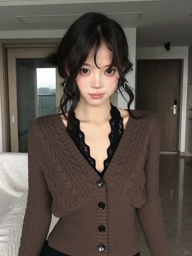 아름다움 라드. 브라운 빅 브이 넥 꽈배기 니트 오픈 가디건 여성 겨울 이미지 2