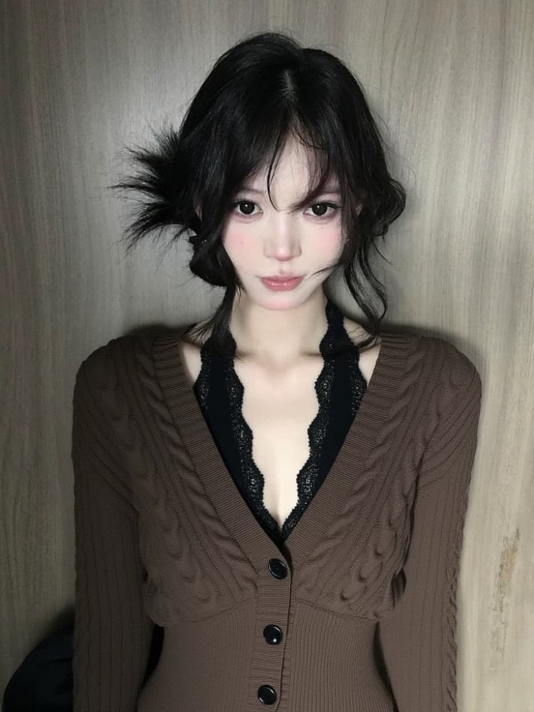 아름다움 라드. 브라운 빅 브이 넥 꽈배기 니트 오픈 가디건 여성 겨울 상세 이미지 2