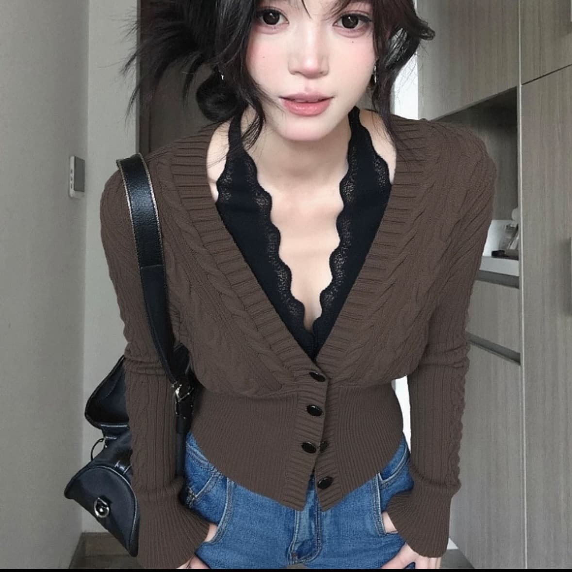 아름다움 라드. 브라운 빅 브이 넥 꽈배기 니트 오픈 가디건 여성 겨울 상세 이미지 4