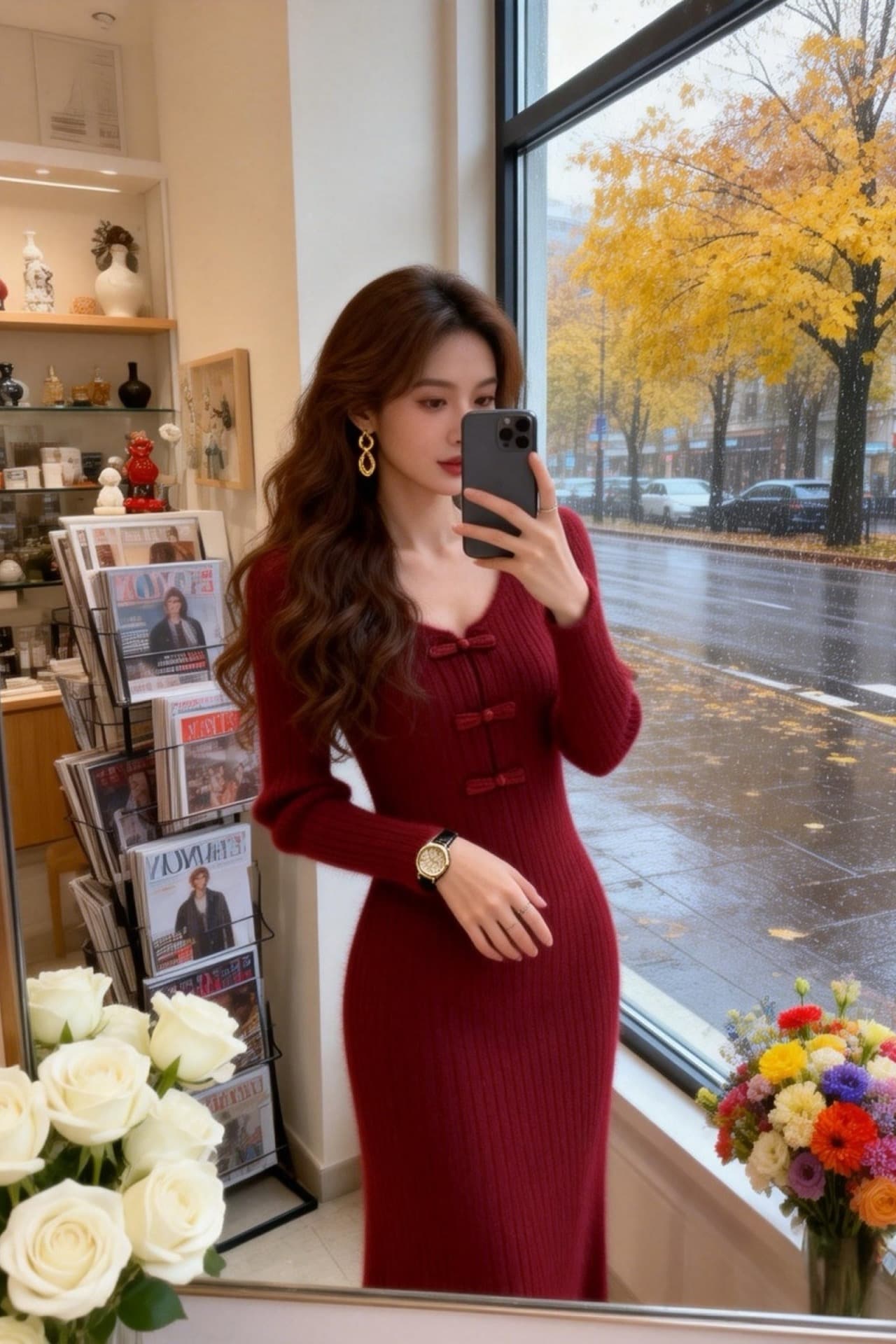 한국 신년 로브 빨간색 V넥 모방 fall 털 니트 드레스 로얄 자매 바람 몸매 가꾸기 슬림해 보이는 고급 센스 롱 스커트 상세 이미지 1