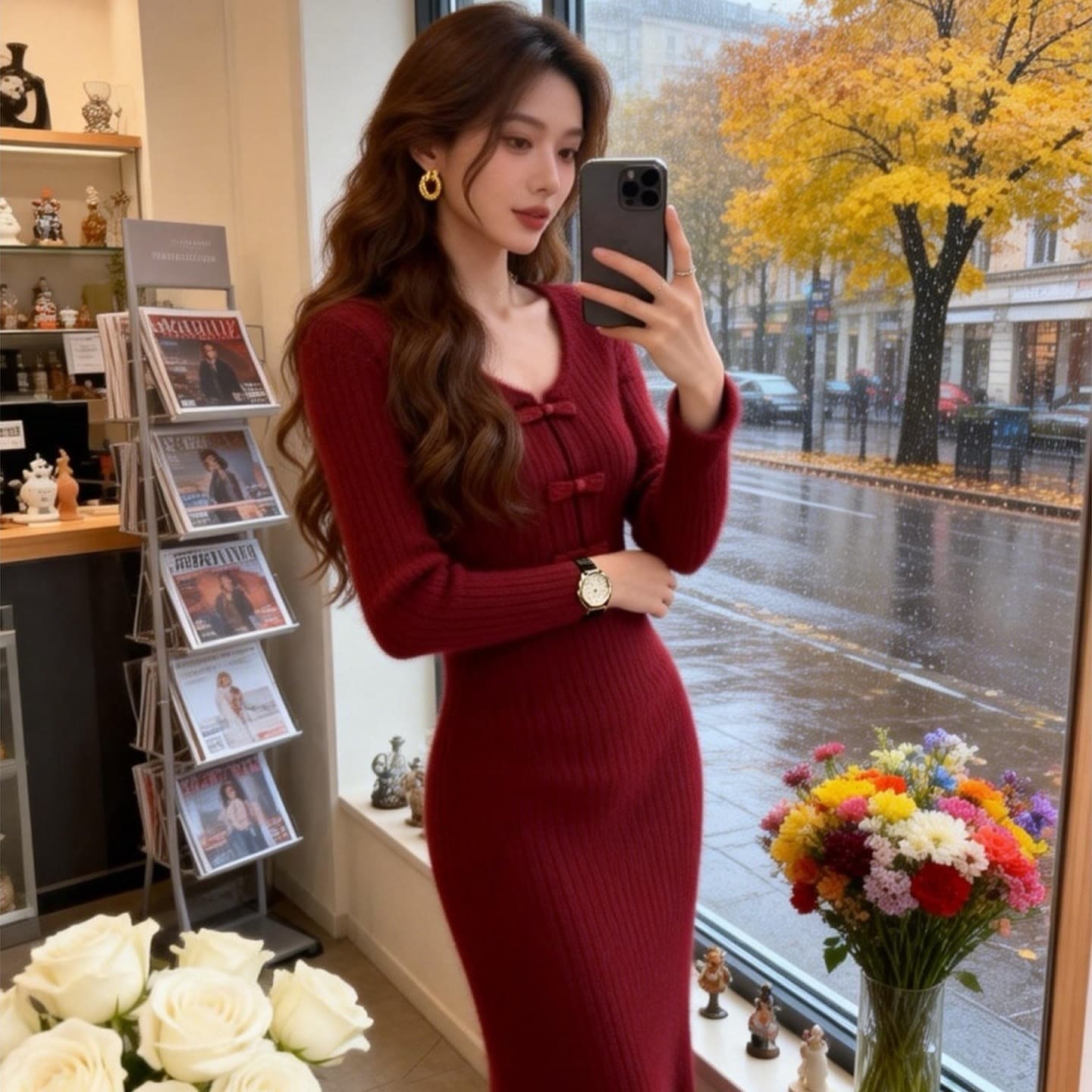 한국 신년 로브 빨간색 V넥 모방 fall 털 니트 드레스 로얄 자매 바람 몸매 가꾸기 슬림해 보이는 고급 센스 롱 스커트 상세 이미지 4