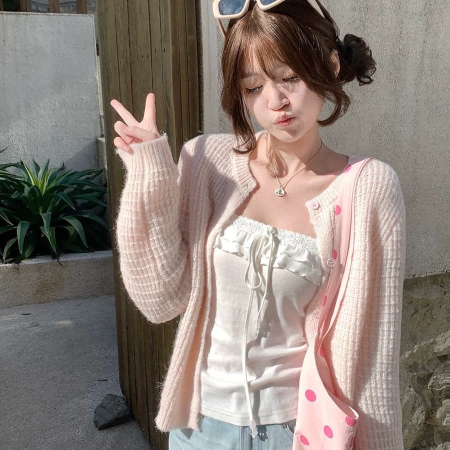 callmeear 후아 남편 그리드 스웨터 니트 오픈 가디건 여성 이른 봄 새로운 루즈핏 슬림해 보이는 긴팔 맨위