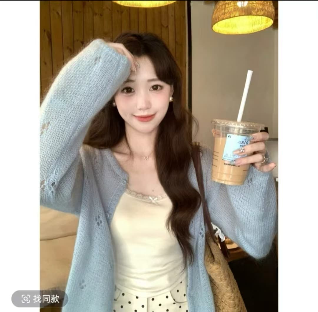 새싹 녹색 니트 오픈 가디건 양모 마 하이 홀로우 아웃 자수 고급 센스 Chic 맨위 이미지 3