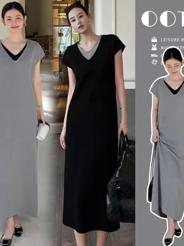 유럽 상품 고급 품격 연령 감소 외국 가스 느긋한 바람 회색 V넥 반팔 부드러운 드레스 루즈핏 다용도 롱 스커트 상세 이미지 2