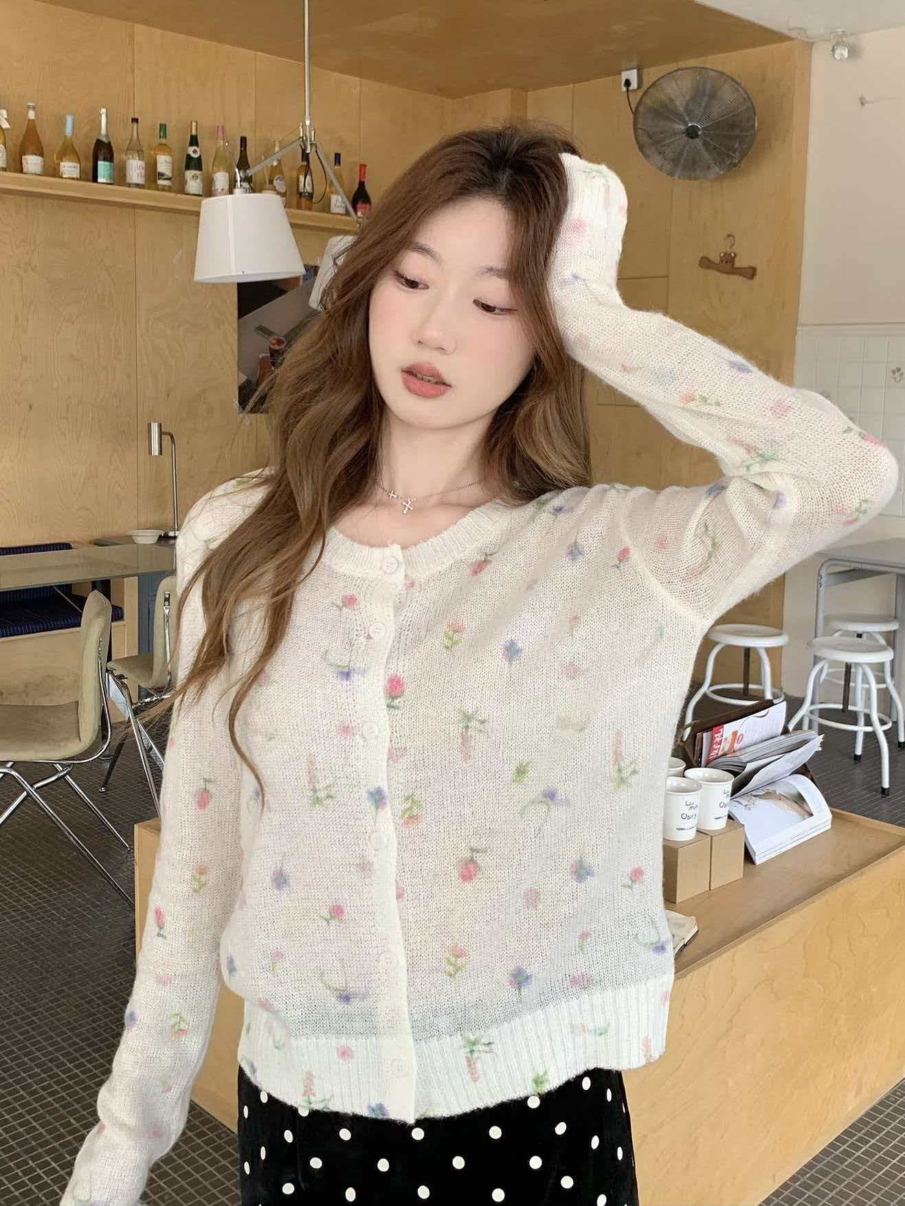 봄 여름 품격 꽃무늬 분위기 센스 니트 오픈 가디건 부드러운 바람 다용도 캐주얼 미니멀리즘 루즈핏 니트 스웨터
