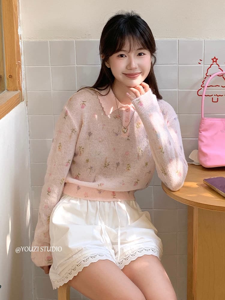 한 부서 새로운 꽃무늬 호흡 센스 착용 가져 가라. 소녀 달콤함 니트 스웨터 얕은 봄 다용도 슬림해 보이는 폴로 칼라 얇은 맨위