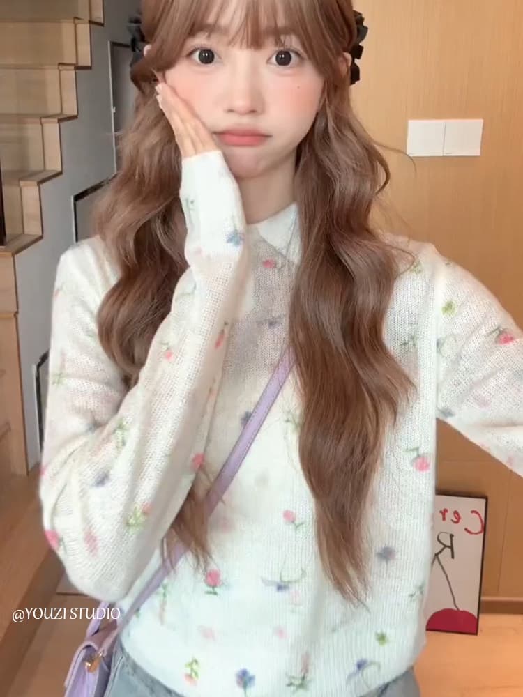 한 부서 새로운 꽃무늬 호흡 센스 착용 가져 가라. 소녀 달콤함 니트 스웨터 얕은 봄 다용도 슬림해 보이는 폴로 칼라 얇은 맨위 이미지 2