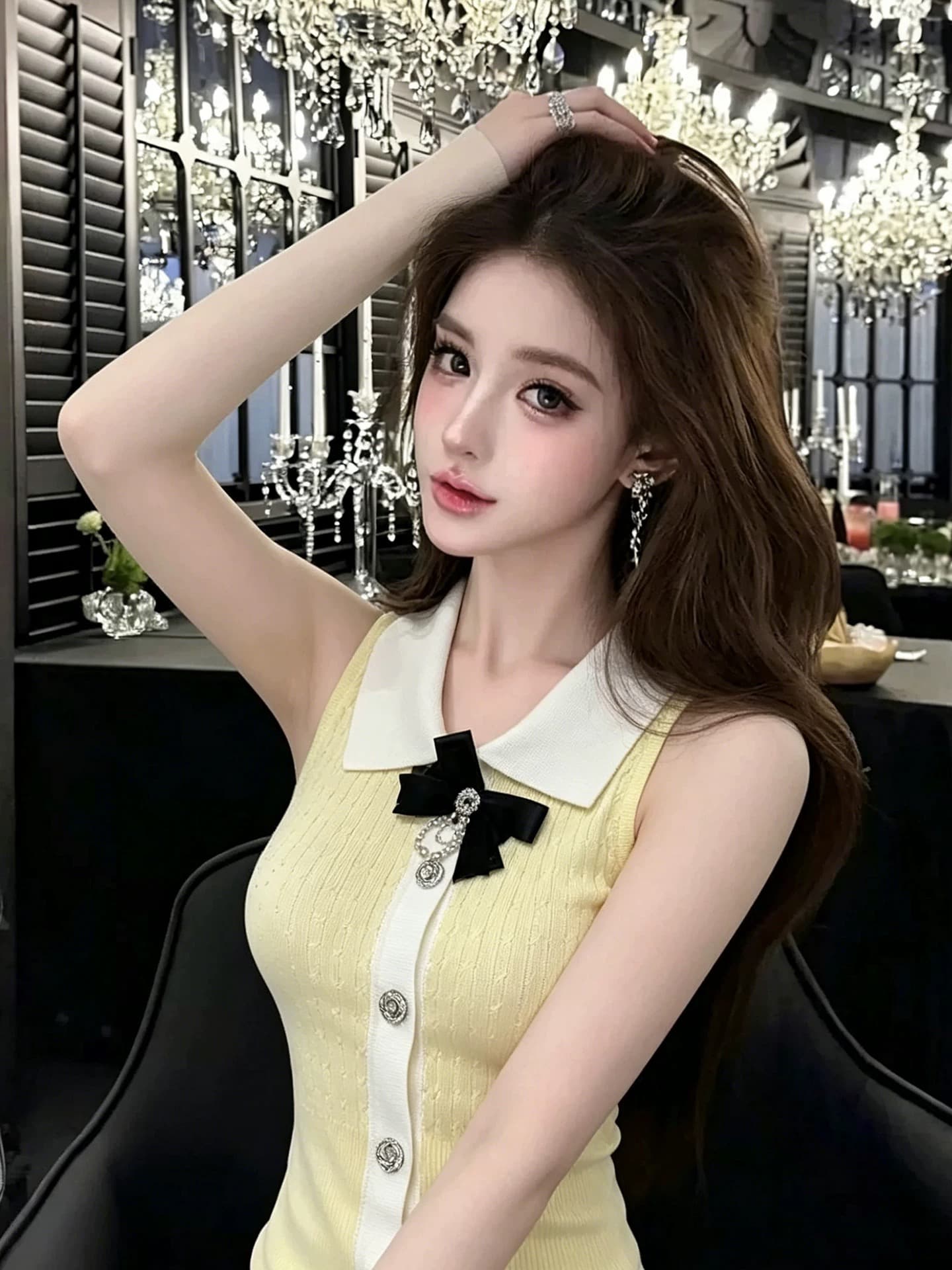 lym studio 프랑스식 폴로 칼라 나비 매듭 니트 조끼 여성 배색 디자인 센스 몸매 가꾸기 슬림해 보이는 맨위