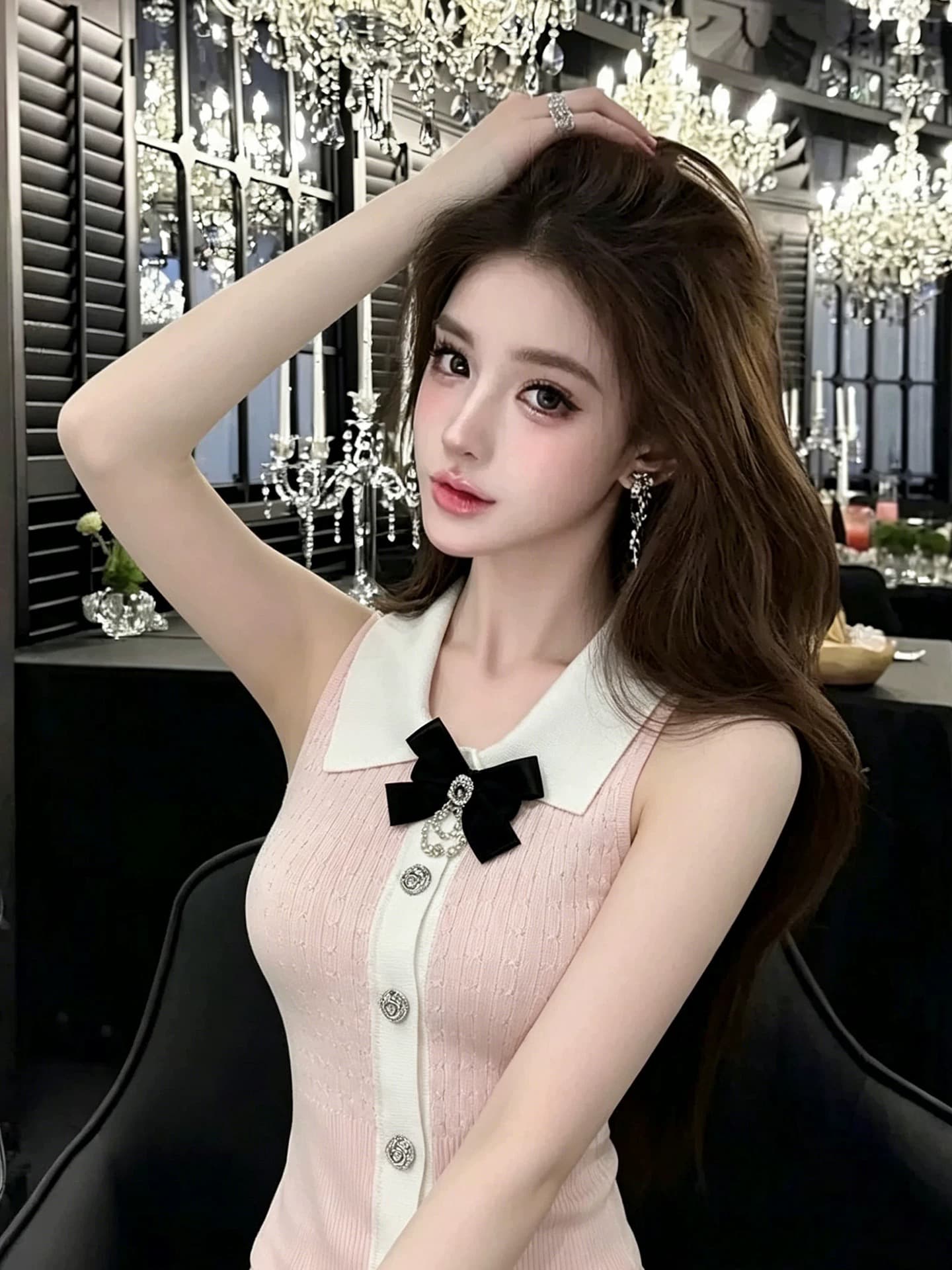 lym studio 프랑스식 폴로 칼라 나비 매듭 니트 조끼 여성 배색 디자인 센스 몸매 가꾸기 슬림해 보이는 맨위 상세 이미지 3