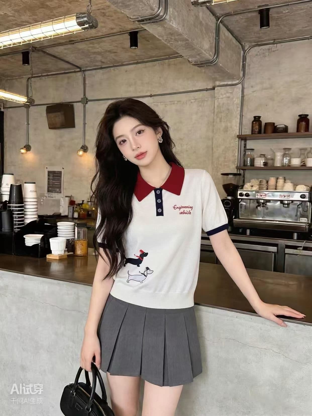 2026 새로운 학원 스타일 폴로 칼라 수건 개 자카드 알파벳 두 장 니트 스웨터 반팔 맨위 티셔츠 여성 상세 이미지 1