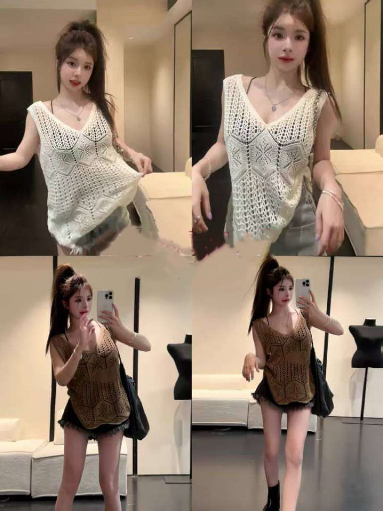 프랑스식 작은 대중 고유 한 레트로 홀로우 아웃 카키 색 V넥 니트 조끼 여성 여름 Chic 어깨 베스트 맨위 상세 이미지 1