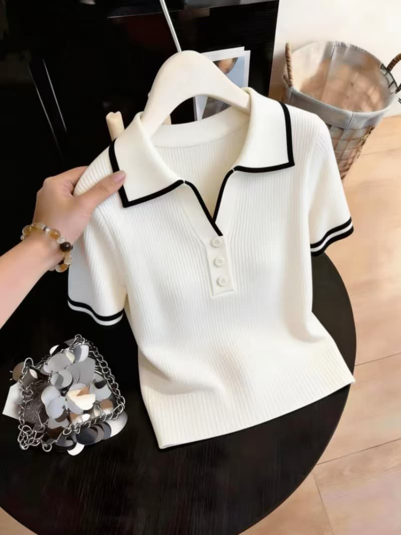 프랑스식 화이트 POLO 칼라 니트 반팔 티셔츠 여성 2026 여름 빅 사이즈 지방 mm 슬림해 보이는 품격 아름다운 맨위 이미지 2