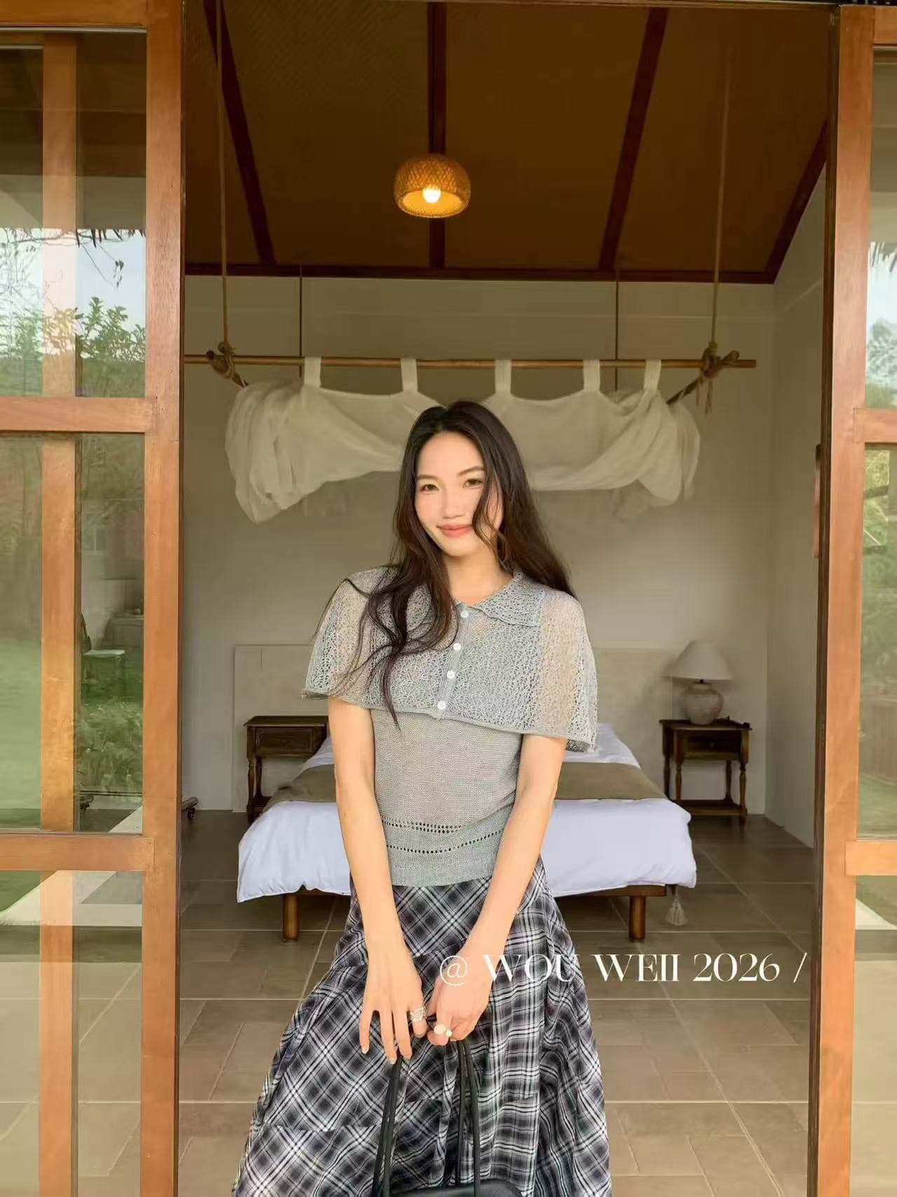빛 요리 한 우아함 바람 POLO 칼라 홀로우 아웃 니트 스웨터 여성용 짧은 소매 살구 색상 출퇴근 맨위 여름 2026 년 새로운 상세 이미지 2