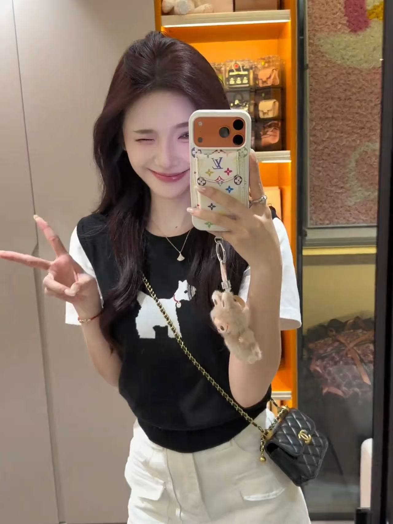 한 부서 검정색 강아지 페이크 레이어드 니트 반팔 티셔츠 여성 여름 디자인 센스 작은 대중 고유 한 아름다운 맨위 서비스 상세 이미지 1