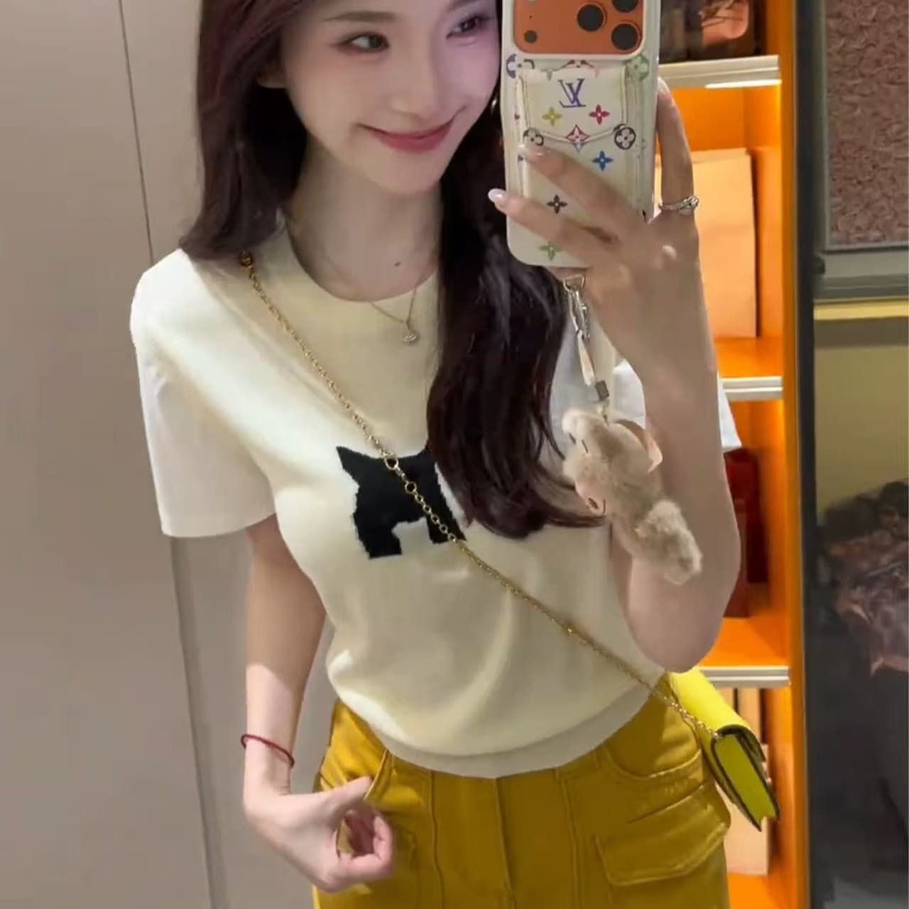 한 부서 검정색 강아지 페이크 레이어드 니트 반팔 티셔츠 여성 여름 디자인 센스 작은 대중 고유 한 아름다운 맨위 서비스 상세 이미지 5