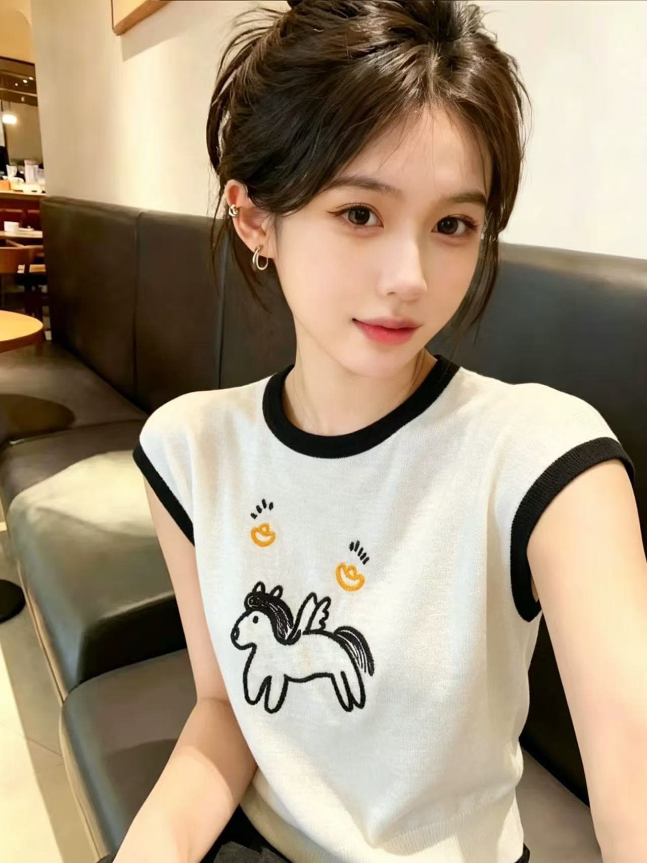 만화 작은 말 자수 대나무 마디 마 배색 라운드 넥 민소매 티셔츠 여성 여름 얇은 스타일 루즈핏 슬림해 보이는 니트 맨위 트렌디