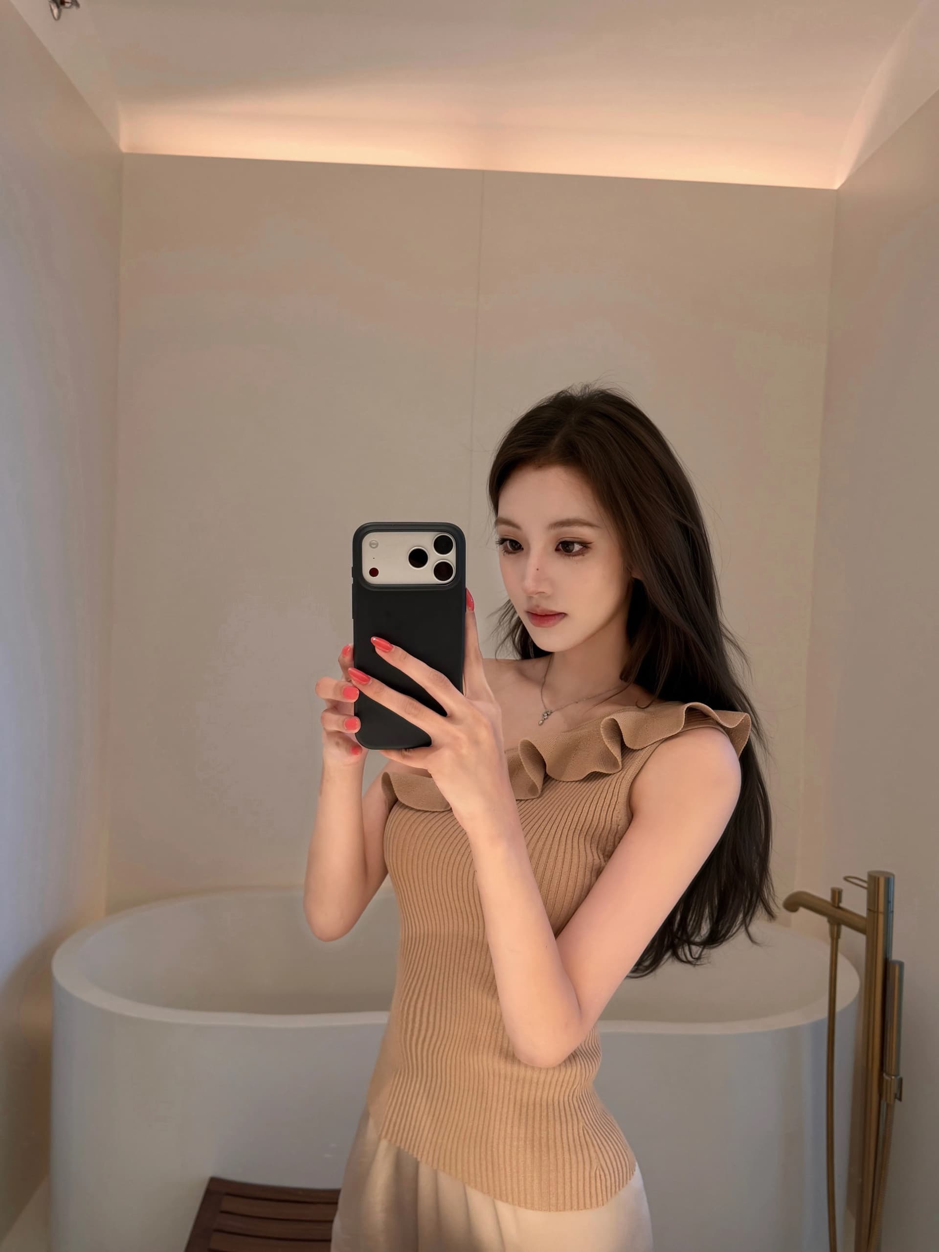 chicyou zimm 아름다움 센스 품격 슬림해 보이는 프릴 비스듬한 어깨 V넥 더블 버전 니트 조끼 이미지 3