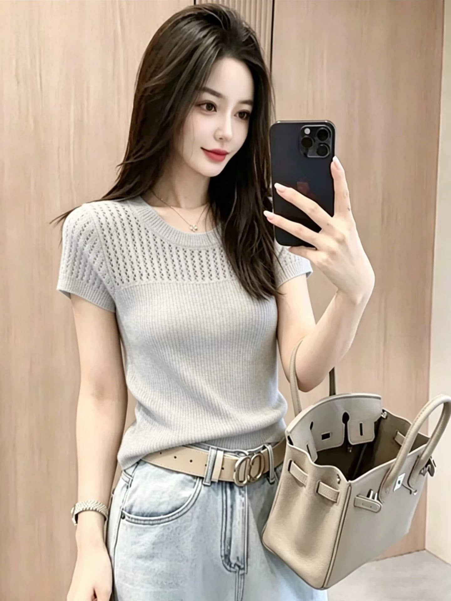 한 부서 분위기 센스 라운드 넥 홀로우 아웃 반팔 니트 맨위 2026 여름 새로운 품격 몸매 가꾸기 연령 감소 티셔츠 여성 이미지 2