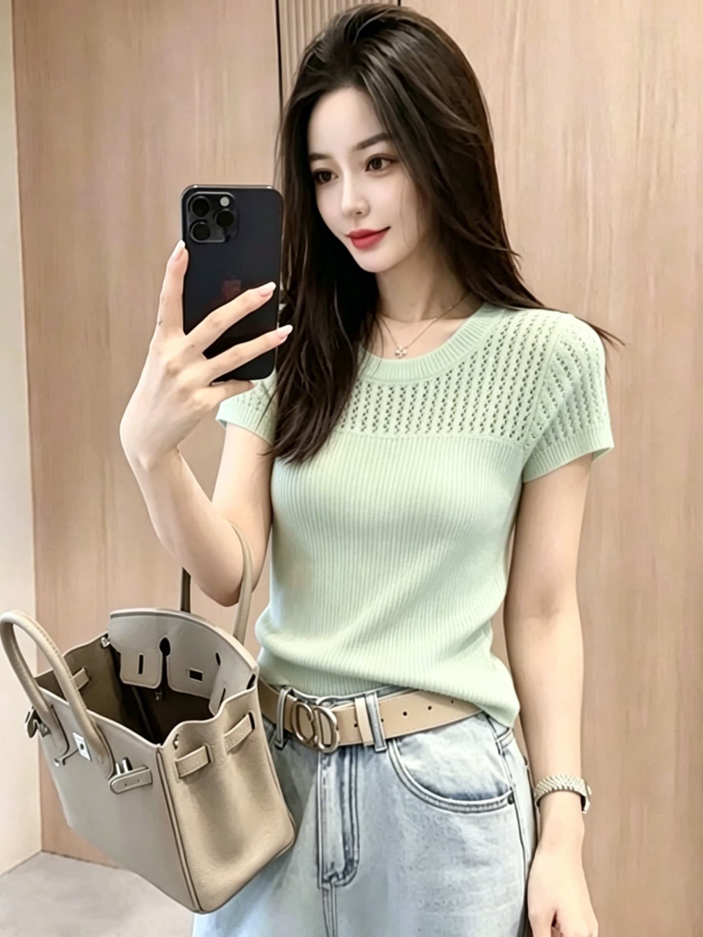 한 부서 분위기 센스 라운드 넥 홀로우 아웃 반팔 니트 맨위 2026 여름 새로운 품격 몸매 가꾸기 연령 감소 티셔츠 여성 이미지 4