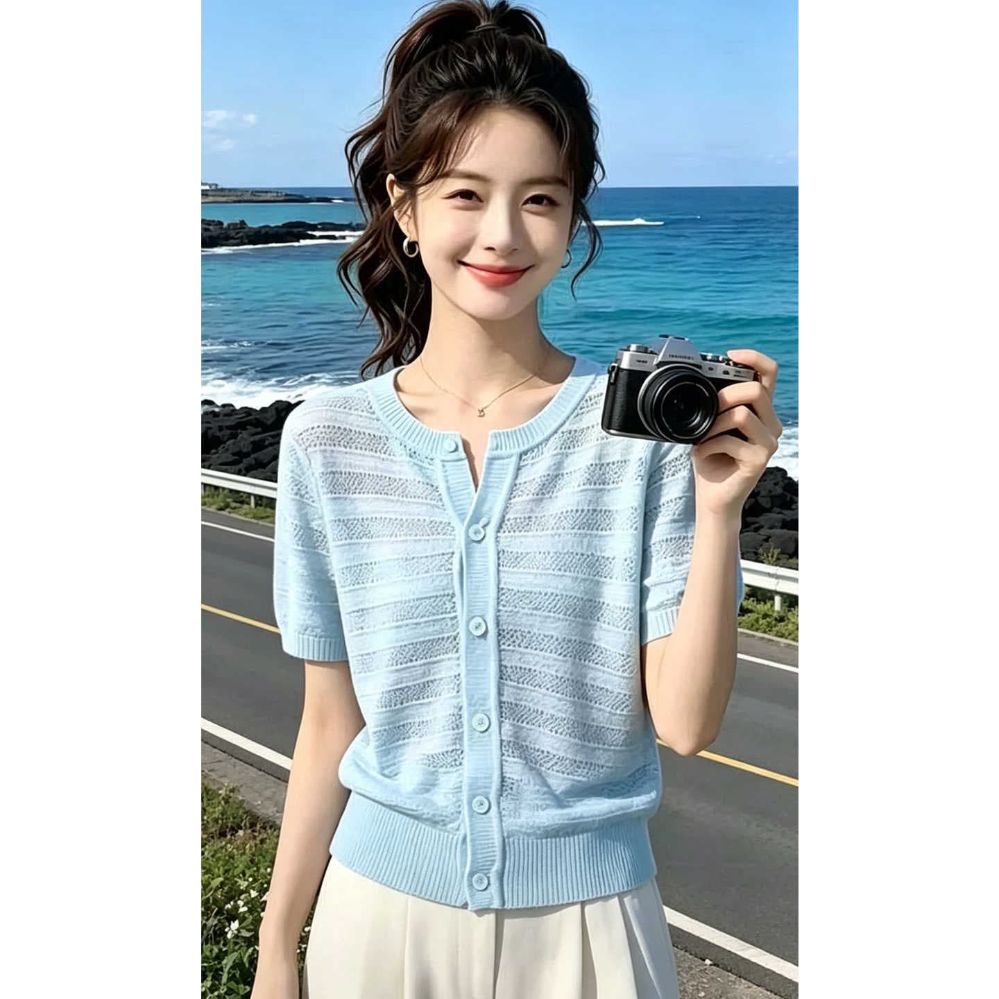 캐주얼 바람 파란색 라운드 넥 쇼트 스타일 니트 오픈 가디건 여성 2026 여름 새로운 작은 키 외출용 Chic 맨위 트렌디 상세 이미지 5
