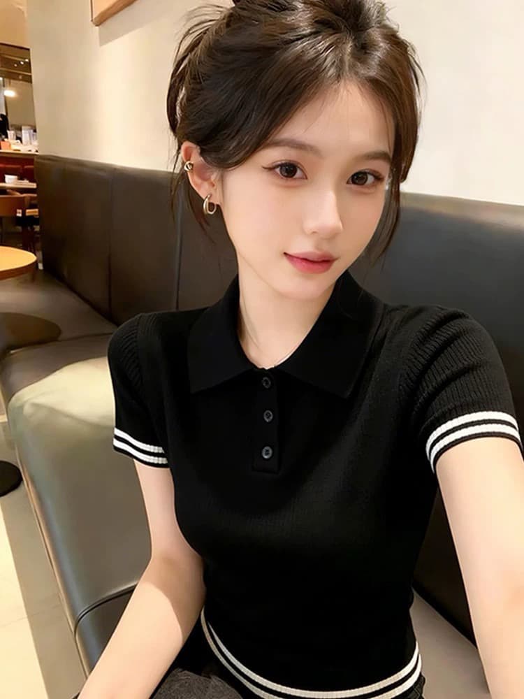 빛 요리 한 부드러운 핑크색 폴로 칼라 반팔 니트 스웨터 여성 여름 고유 한 Chic 슬림해 보이는 다용도 티셔츠 인사이드 가져 가라. 언더 코트 상세 이미지 4