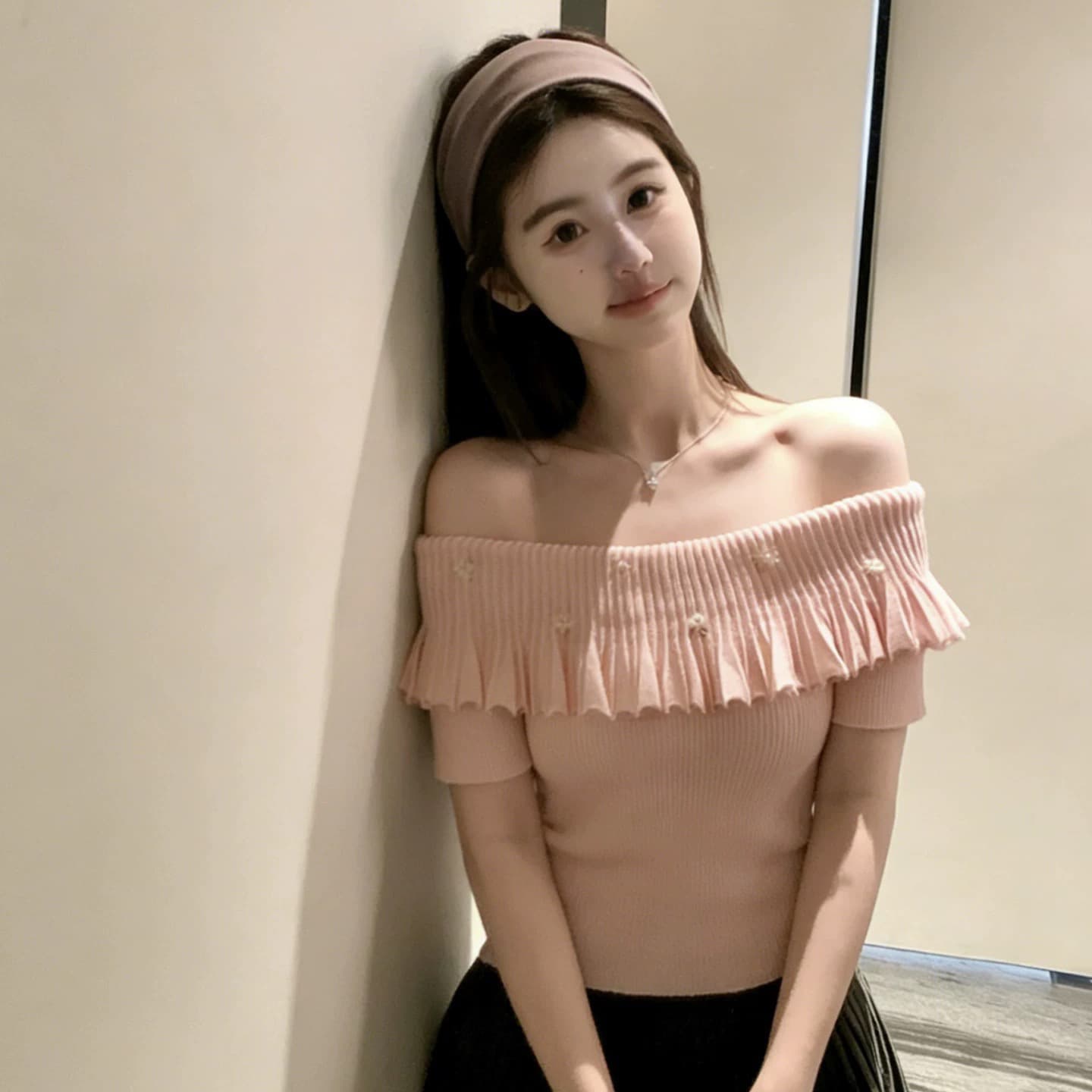 프랑스식 부드러운 바람 오프숄더 프릴 니트 스웨터 여성 고급 센스 몸매 가꾸기 다용도 오프숄더 품격 슬림해 보이는 맨위 이미지 5