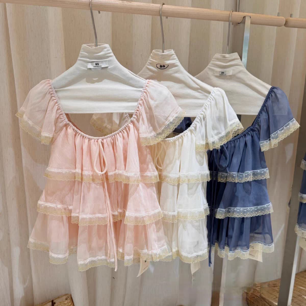 한 스타일 달콤함 프릴 레이스 조각 시폰 셔츠 여성 여름 반팔 파란색 케이크 실 Chic 맨위 작은 셔츠 이미지 5